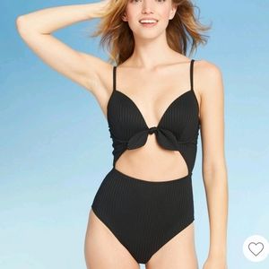 Shade & Shore Black Ribbed One Piece Swim Suit